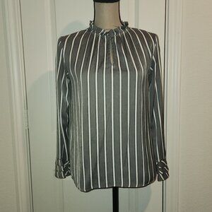 LOFT Outlet Gray & White Striped Ruffle-Neck Blouse – XSP